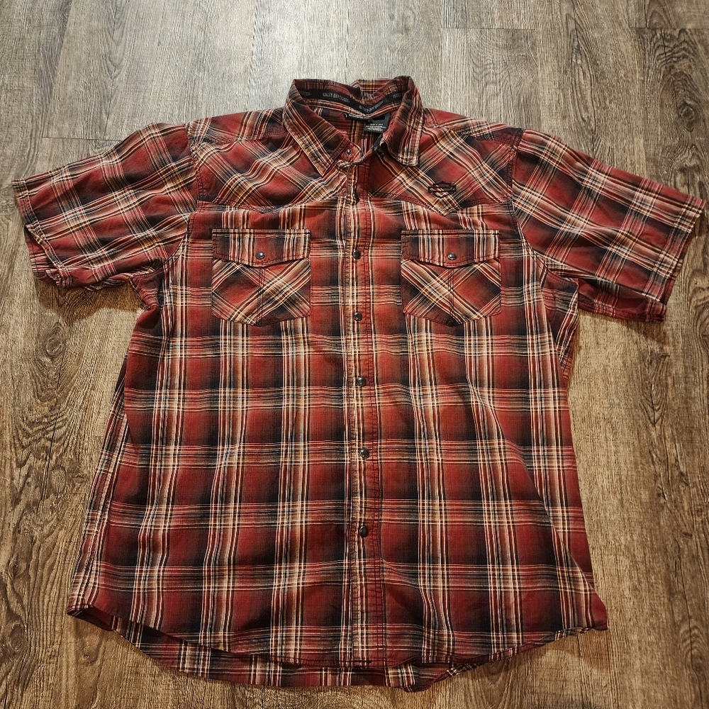 Harley Davidson Pearl Snap Shirt Mens XL Red Plaid Short Sleeve Button Up HD